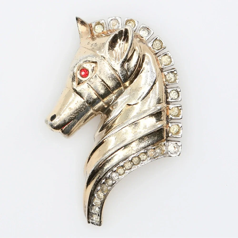 Vintage Sterling Silver Vermeil‎ Rhinestone Horse Head Equestrian Brooch 1940s